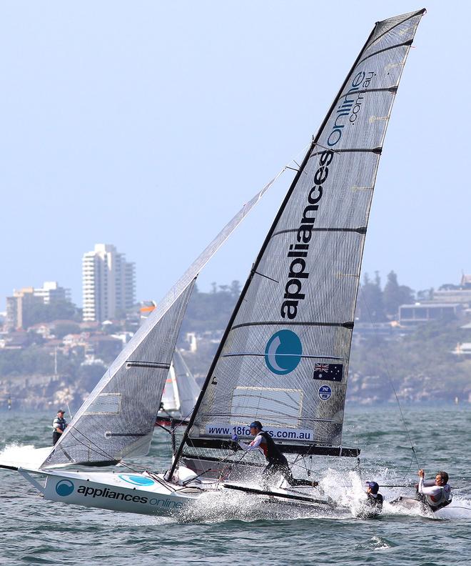 Tom Anderson shows his fleet footed work in the bow of appliancesonline - Race 3 - JJ Giltinan Trophy 2016 © Frank Quealey /Australian 18 Footers League http://www.18footers.com.au